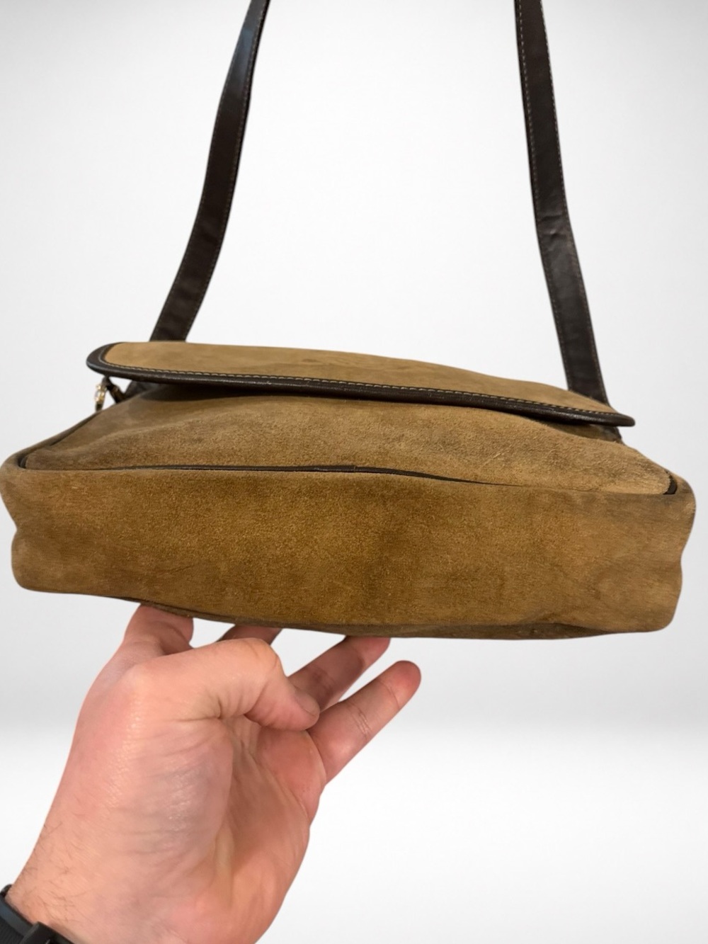 SOLD Loewe Suede Leather Crossbody Shoulder Bag Brown Anagram Logo Vintage - Picture 5 of 13